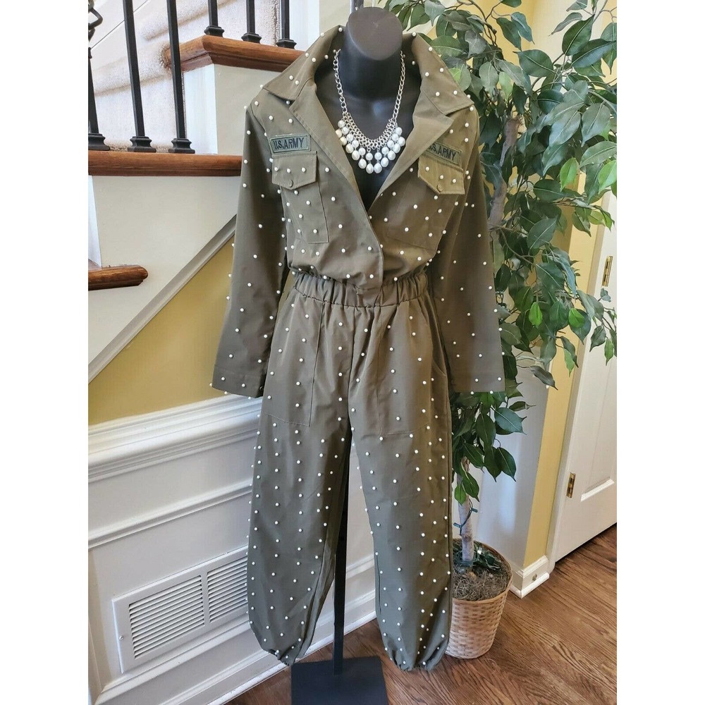 L’ATISTE BEADED 1 PC ARMY DENIM JUMPSUIT- SIZE S